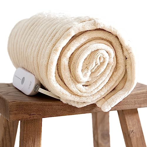Gotcozy Electric Blanket Heated Throw 50''X60''- Ribbed Faux Fur Heated Blanket with 4 Heating Level & 3 Hour Auto Off Heating Blanket, ETL&FCC Certified Machine Washable(Eggnog) - Eggnog - Throw