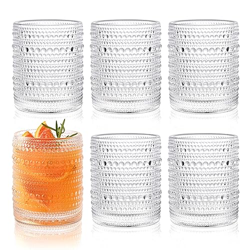 KMIGRUAN Hobnail Drinking Glasses Set of 6,12oz Vintage Glassware Embossed Vintage Water Cups Cocktail Glasses Juice Glasses - 12oz Clear