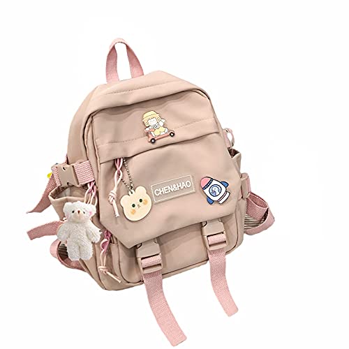PEXIZUAN kawaii backpack girl school bag waterproof nylon with kawaii pendant cute pin mini backpack(pink) - Pink