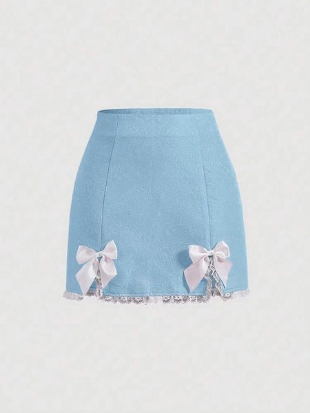 SHEIN MOD Bow Front Lace Trim Split Hem Skirt