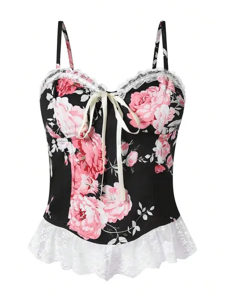 Floral Print Contrast Lace Tie Front Cami Top