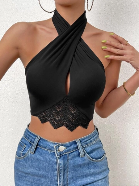 SHEIN Frenchy Contrast Lace Backless Crossover Crop Halter Top