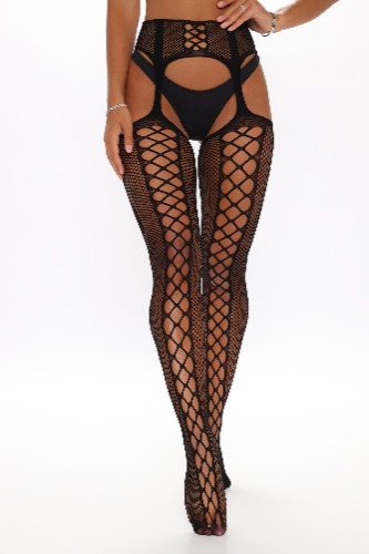Into You Lace Up Garter Tights - Black | OS