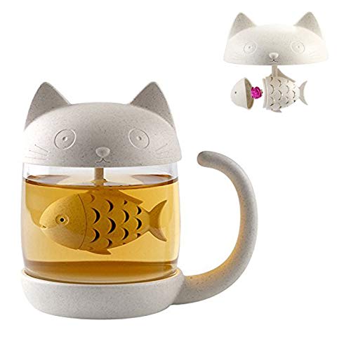 Cat Glass Tea Mug Water Bottle-with Fish Tea Infuser Strainer Filter 250ML（8OZ） (White)