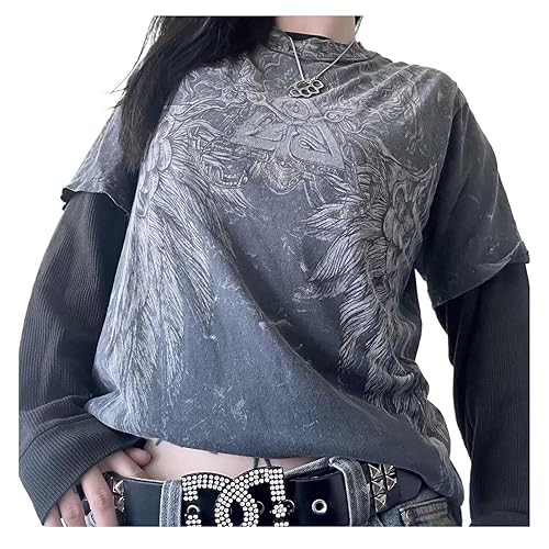 Goth Shirt Gothic Shirt Fake Two-Piece Alternative Clothing Goth Long Sleeve Top Grunge Clothes - X-Large - Light Gray