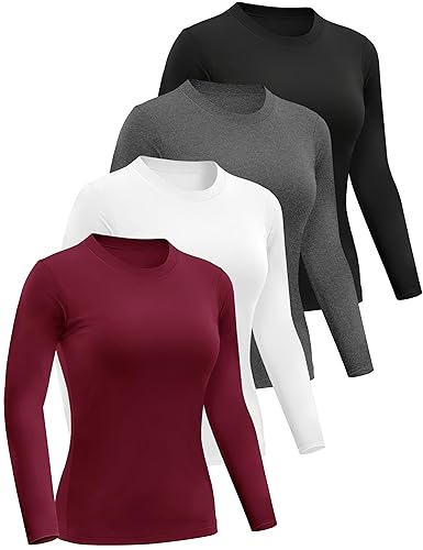 Dalavch 4 Pack Women’s Long Sleeve Basic Shirts Crew Neck Slim Fitted Compression Gym Workout Athletic Underscrubs Tops - X-Large - 1 Black 1 Heather Grey 1 White 1 Wine