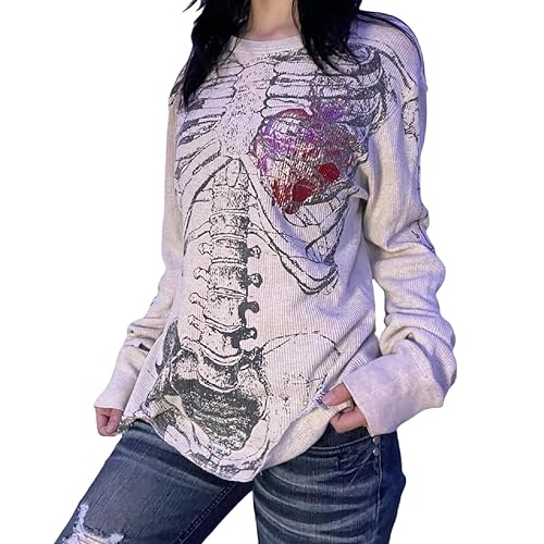 Women Vintage Fairy Grunge Y2K Long Sleeve Shirt Skull Graphic Printed Gothic Tee Tops Aesthetic Harajuku Tops - X-Large - Beige