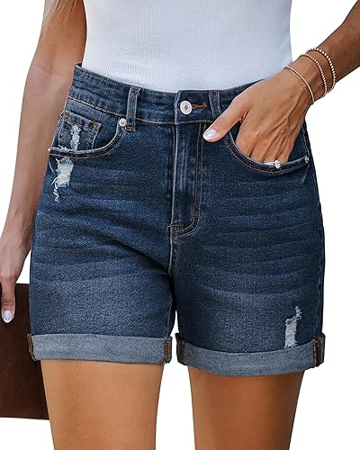 LookbookStore Jean Shorts Womens Stretchy High Waisted Ripped Denim Shorts with Pockets Trendy Distressed Cut Off Shorts - Large - Darkness Blue