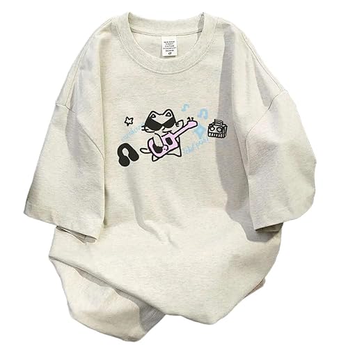 Harajuku Vintage Shirts for Women Cute Graffiti Cat Print T-Shirt Summer Oversized Graphic Tees Kawaii Clothes Y2K Tops - Grey - XX-Large