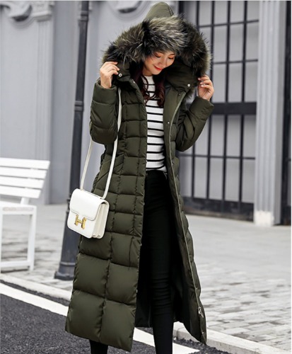 Womens Hooded Long Coat with Removable Faux Fur Collar - Army Green / M