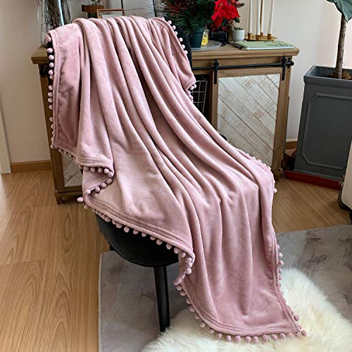 LOMAO Flannel Blanket with Pompom Fringe Lightweight Cozy Bed Blanket Soft Throw Blanket fit Couch Sofa Suitable for All Season(Pink, 60''x 80'') - Pink - 60''x 80''