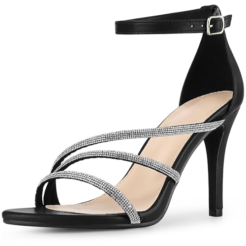 Allegra K Sandalias de tacón de aguja con tiras y diamantes de imitación con punta abierta para mujer - 39 EU - Negro