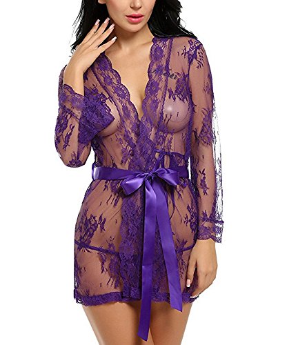 UMIPUBO Mujer Ropa de Dormir Conjunto Sexy Lingerie Transparente Lace Lenceria Erotica Babydoll Ropa Interior - Púrpura - L
