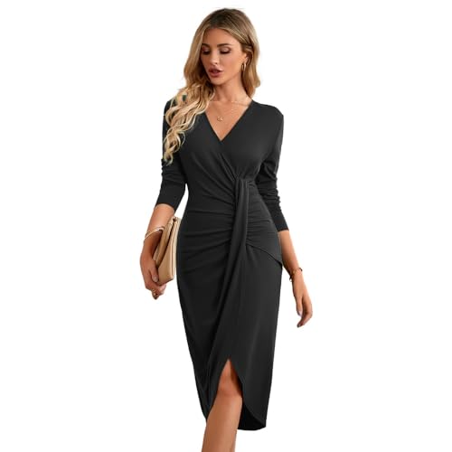RPAEOY Vestido Mujer Elegante Cuello en V Bodycon con Pliegues Manga Larga Abertura Cóctel Lápiz Vestido de Fiesta Invitada - L - Negro