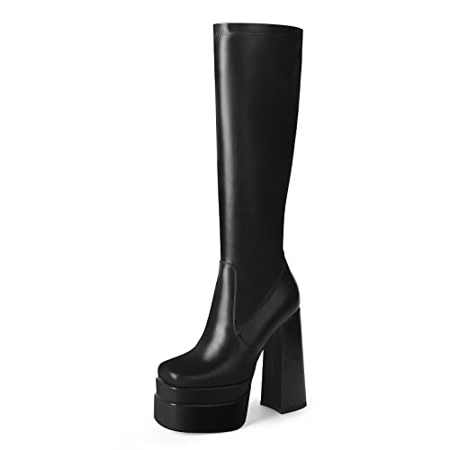 wetkiss Stacked Platform Knee High Boots for Women With High Chunky Heel, Gogo Boots for Women with Square Toe Side Zipper Stretch Boot - 6 - Black