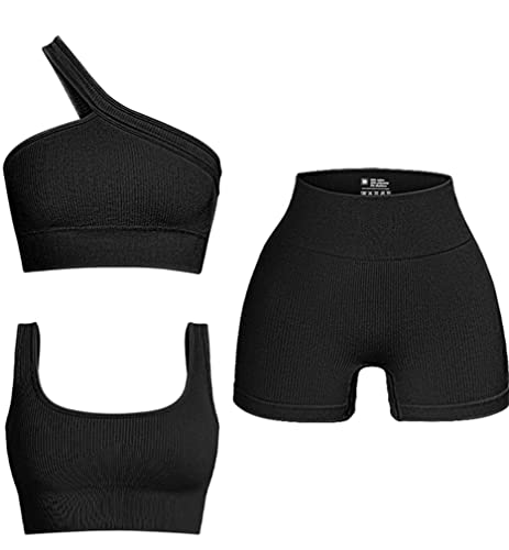 OQQ Women's 3 Piece Outfits Ribbed Seamless Exercise Scoop Neck Sports Bra One Shoulder Tops High Waist Shorts Active Set - Small - Black