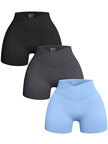 OQQ Women's 3 Piece Yoga Shorts Ribbed Seamless Workout High Waist Cross Over Athletic Leggings - Small - Black Grey Candyblue