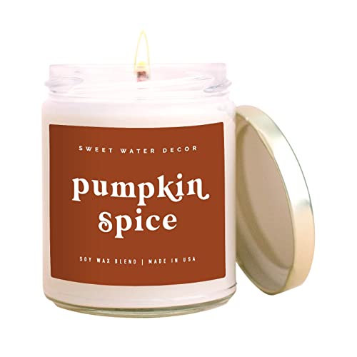 Sweet Water Decor Pumpkin Spice Soy Candle | Pumpkin, Cloves, Buttercream, Cinnamon, Smoke Embers, Vanilla Scented Candle for Home | 9oz Clear Jar Candle, 40 Hour Burn Time, Made in the USA - Pumpkin Spice - Orange Label