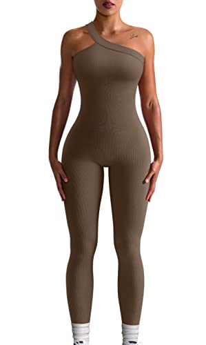 OQQ Women Yoga Jumpsuits Workout Ribbed One Shoulder One Piece Sport Jumpsuits - Small - Coffee