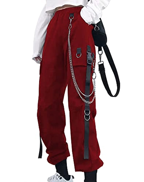 Women Trousers Pants with Chain Pocket High Waist Capri Cinch Bottom Sweatpants Joggers