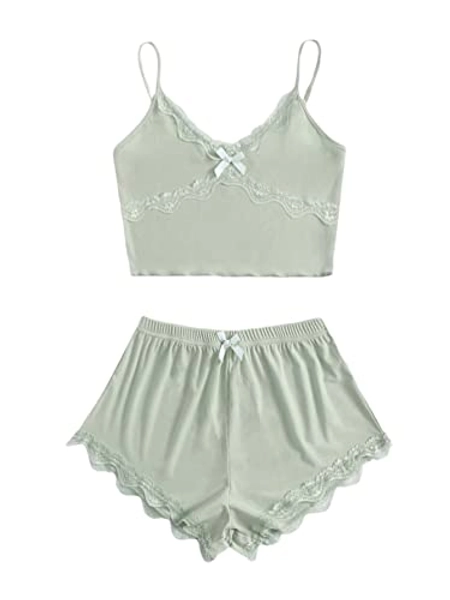 SOLY HUX Women's Cartoon Print Lettuce Trim Cami Top and Shorts Cute Pajama Set Sleepwear