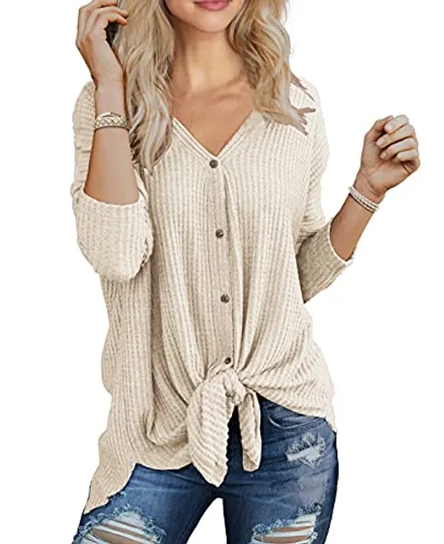 IWOLLENCE Women's Waffle Knit Tunic Blouse Tie Knot Henley Tops Loose Fitting Bat Wing Plain Shirts