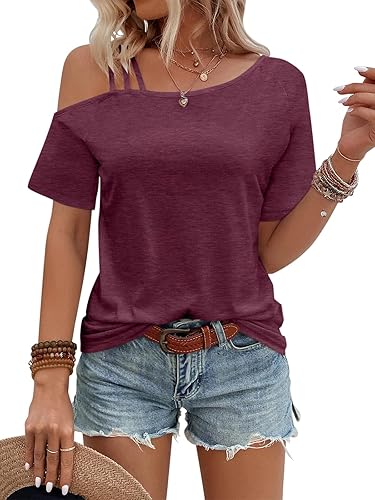 PGANDS Women's Short Sleeve Cold Shoulder Tops Summer Loose Casual Shirt - XX-Large - Purple