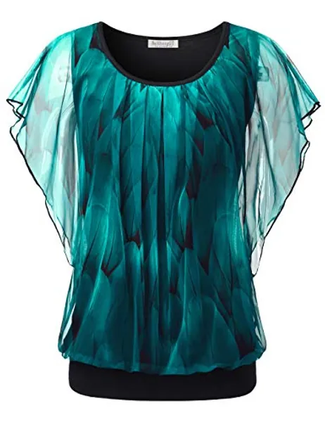 BAISHENGGT Womens Summer Tops Flutter Short Sleeve Pleated Front Mesh Shirts Dressy Casual Blouses