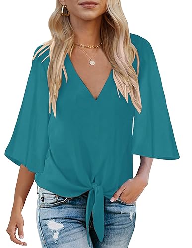 Bluetime Womens Summer Tops Boho 3/4 Sleeve V Neck Tie Front Shirts Casual Floral Blouses - XX-Large - Solid Teal Green