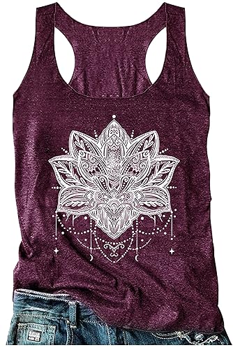 Womens Mandala Vintage Graphic Racerback Tank Tops Summer Casual Loose O-Neck Tanks Vest Vacation Classic-Fit Shirt Cami - Purple