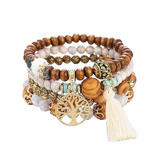 Tree of Life Bracelets for Women Bohemian Stretch Wood Beaded Bracelets for Women Boho Tassel Bracelet Multilayer Stackable Bracelets Christmas Birthday Jewelry for women.