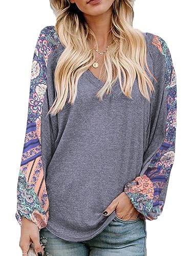Beyove Boho Tops for Women Long Sleeve Fall Bohemian Casual Loose Fit Shirt Hippie Western Dressy Blouses - XX-Large - 01_ Grey