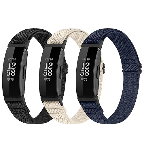 Huamanlou Adjustable Elastic Nylon Sport Bands Compatible with Fitbit Inspire 3/Inspire 2/Inspire/Inspire HR/Ace 2/Ace 3, Soft Loop Stretchy Straps Replacement Wristbands for Fitbit Inspire Women Men - Black+Beige+Indigo