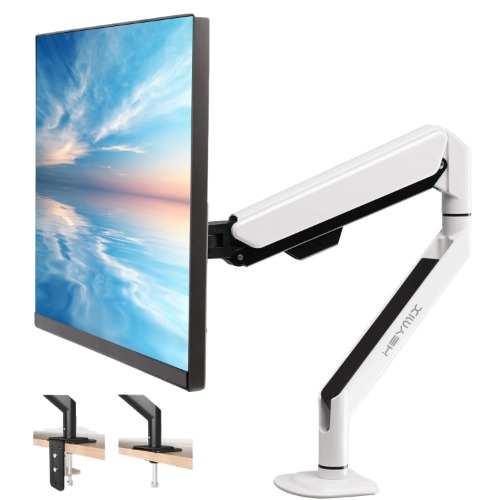 HEYMIX White Monitor Arm, Aluminum Gas Spring Screens Arm, Adjustable Ergonomic Monitor VESA Mount LCD Screen Stand, Single Monitor Mount & 2 Grommet Mounting Base for 13-32 inches 1.5-9 kgs Sceens