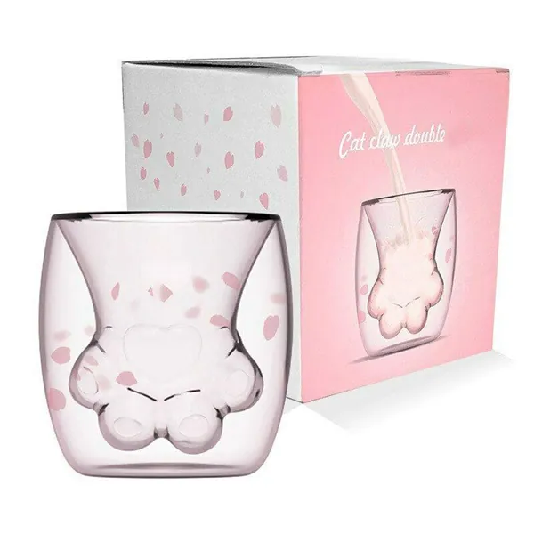 Cat Paw Cup Cute Mug Sakura Cup Double Wall Coffee Mugs Cat Foot Milk Glass Sakura Cup for Coffee Tea