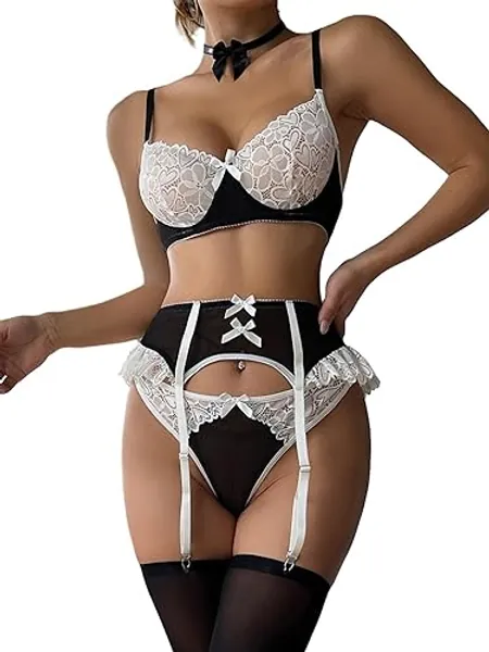 Lilosy Sexy Bow Choker Floral Lace Stocking Sheer Underwire Push Up Garter Lingerie Set