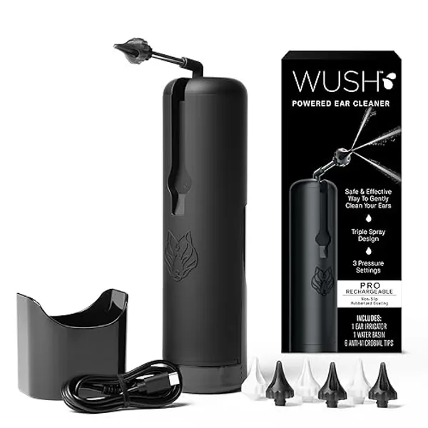 Wush Pro by Black Wolf - The Original Deluxe Water Powered Ear Cleaner with 6 Reusable Replacement Tips by Black Wolf - Safe & Effective for Ear Wax Buildup - Electric Ear Wax Removal Kit (Black)