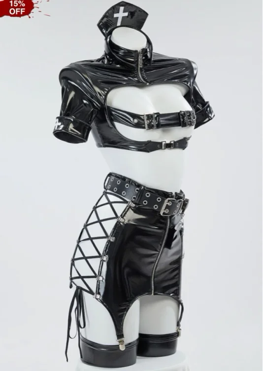 Sexy Lingerie Set Gothic Nurse Style Short Top and Lace-Up Hollow Out Half Skirt with Gloves Headband