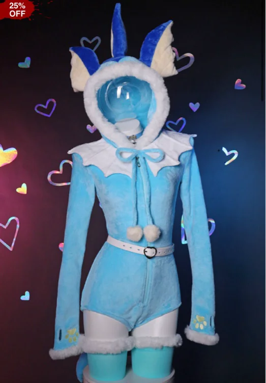 Cute Monster Fluffy Bodycon Romper Sexy Lingerie Blue Furry Hooded Bodysuit Jumpsuit Homewear with Tail Belt and Stockings