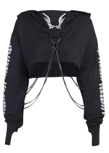 DINGJIUYAN Y2k Gothic Hoodies for Women Hooded Long Sleeve Crop Tops Halloween Printing Sweatshirt with Chain - 04-black - XXL