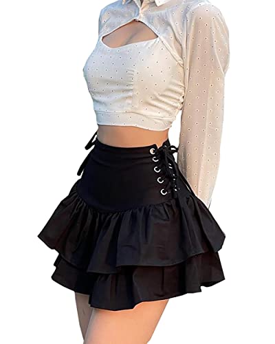DINGJIUYAN Goth Aesthetic Black Pleated Skirt Vintage Ruffle Mini Skirts Streetwear High Waist Eyelet Bandage Summer Skirts - XXL - 5-black