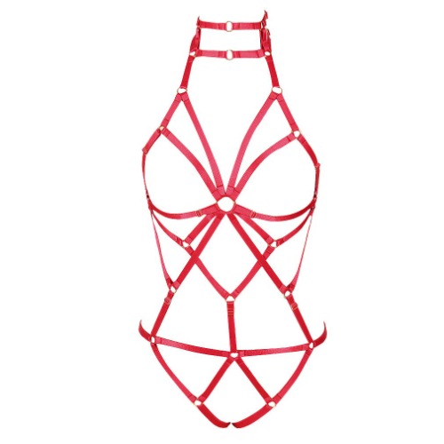Women's Punk Body Harness Lingerie Full Waist Garter Belts Set Strappy Frame Cage Rave bras - Red