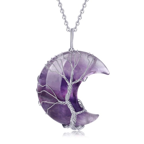 XIANNVXI Tree of Life Wire Wrapped Crescent Moon Pendant Necklace Reiki Healing Crystal Stone Necklaces Natural Gemstone Quartz Jewelry for Women - Purple - Amethyst