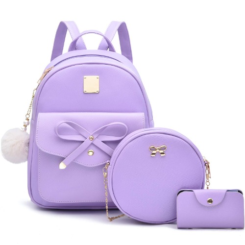 Girls Bowknot 3-Pieces Fahsion Leather Backpack Backpack Purse for Women Rucksack for Ladies Shoulder Bag - Purple