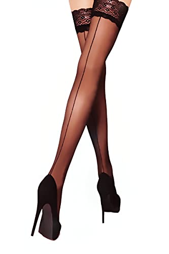 MILA MARUTTI Back Seamed Thigh High Sheer Lace Top Stockings with Silicone Band - Medium - Black 2