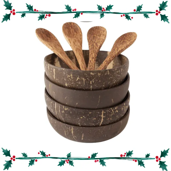 Coconut Bowls & Wooden Spoon Set | Vegan Organic Buddha Bowl for Salad&Smoothie by Made Terra - Set of 4