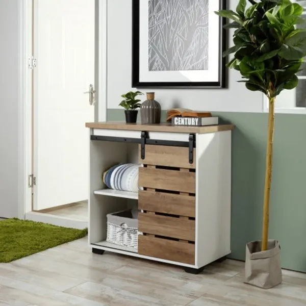 Woven Paths 32 inches Sliding Slat Door Accent Cabinet, ding Single Slat Door Storage Console