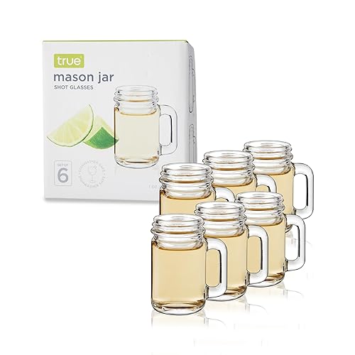 True Mason Jar Shot glasses, Reusable Mini Mason Jar shaped shot glasses with Handles, Party shot cups, Set of 6, 1 oz. - Mason Jar Shot Glasses - Set of 6 - 1 oz