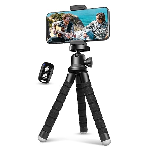 Aureday Phone Tripod, Flexible Tripod for iPhone and Android Cell Phone, Portable Small Tripod with Wireless Remote and Clip for Video Recording/Vlogging/Selfie Black - Black