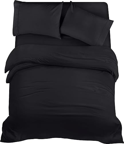 Utopia Bedding 4 Piece Double Bedding Set - Duvet Cover, Fitted Sheet with Pillow cases - Soft Brushed Microfiber (Black) - Double - Black